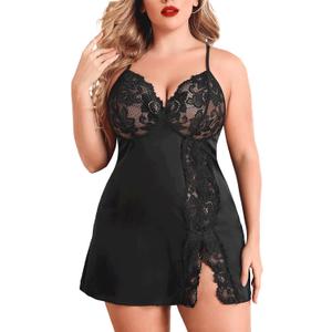 Avidlove Plus Size Lingerie For Women Sexy Satin Nightgown Lace Babydoll Side Slit Strappy Chemise Nightwear (18 Plus, Black)