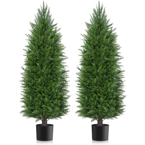 4FT Artificial Topiary Cedar Plants Outdoor, Faux Pine Trees UV Resistant and Potted, 48 Inch Tall Fake Shrubs Evergreen for Front Porch Decor Set of 2