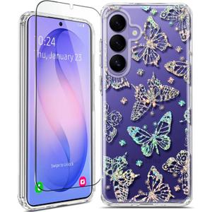 Clear Glitter for Samsung Galaxy S26 Plus Case 6.7 inch, Shockproof Flower Slim Cute Butterfly Bling Women Hard Back Soft TPU Bumper Protective Cover for Samsung S26 Plus Screen Protector