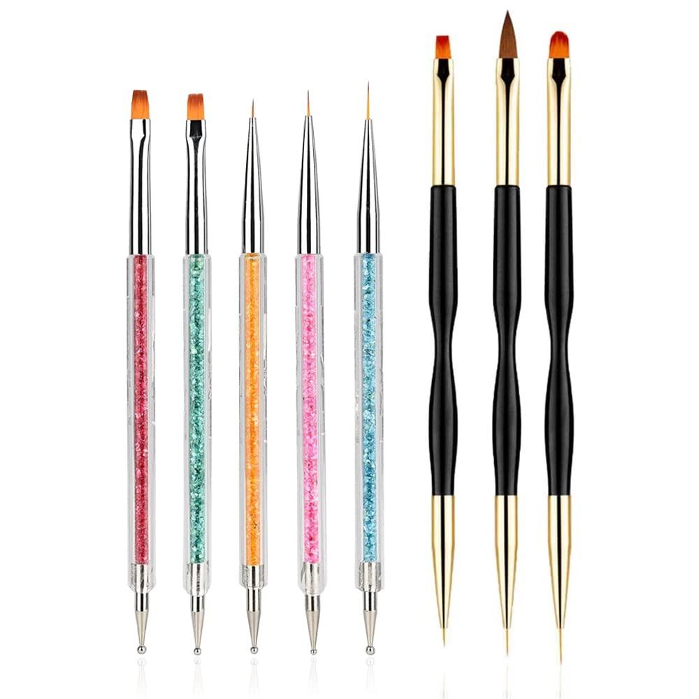 FULINJOY 8PCS Nail Art Brushes, Double-Ended Brush and Dotting Tool Kit, Dual End Nail Art Pen Brush Acrylic Round Flat Painting Drawing Liner Nail Tools