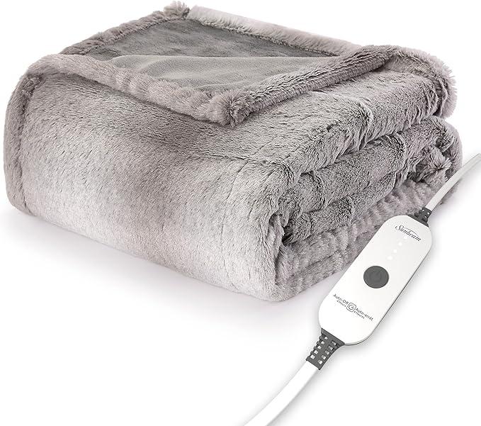 Sunbeam Royal Sherpa Foot Pocket Heated Throw Electric Blanket, 50" x 60", 4 Heat Settings, 4-Hour Auto Shut-Off, Warming Throw for Couch or Bed, Fast Heating, Machine Washable, Grey