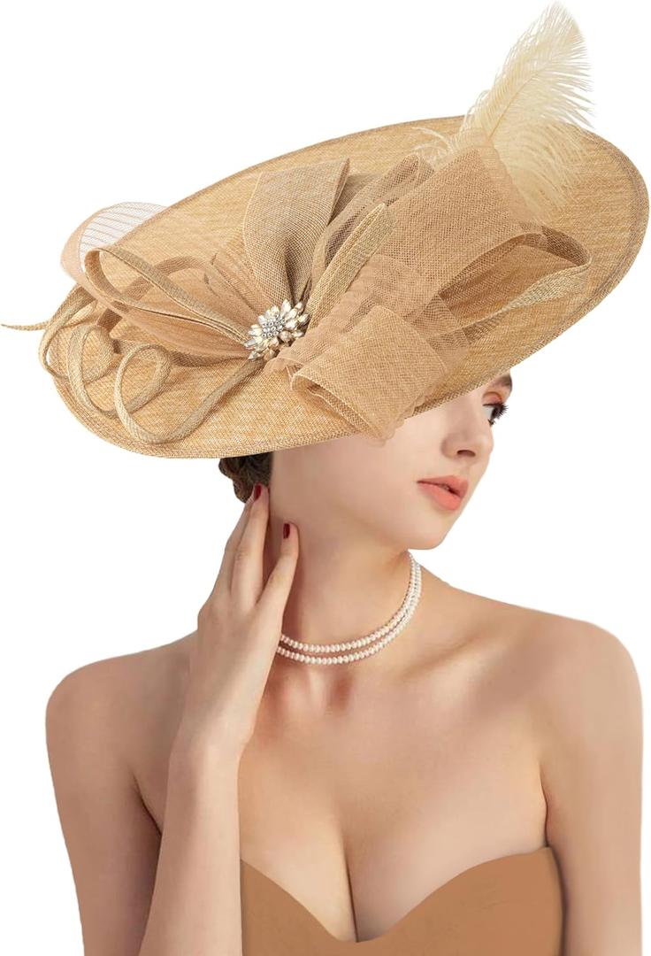 dressfan Fascinator Hats for Women,20s 50s Linen Vintage Hat for Derby/Church/Wedding/Cocktail/Tea Party, M31-Khaki