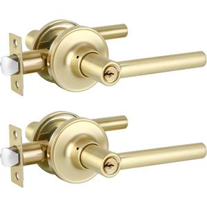2 Pack Satin Brass Entry Door Handle, Keyed Alike Entry Door Handles with Lock Gold Door Lever, Outdoor/Indoor Entrance Use Reversible for Right & Left Sided Doors