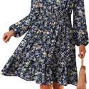 GRACE KARIN Fall Dresses for Women 2025,Casual Long Sleeve Mini Dress, Floral Wedding Guest Dress with Pockets (Large, Navy Brown)
