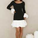 Women's 2025 Fall Dress Sexy Crew Neck Puffy Long Sleeve Bubble Party Club Bodycon Mini Dresses, S
