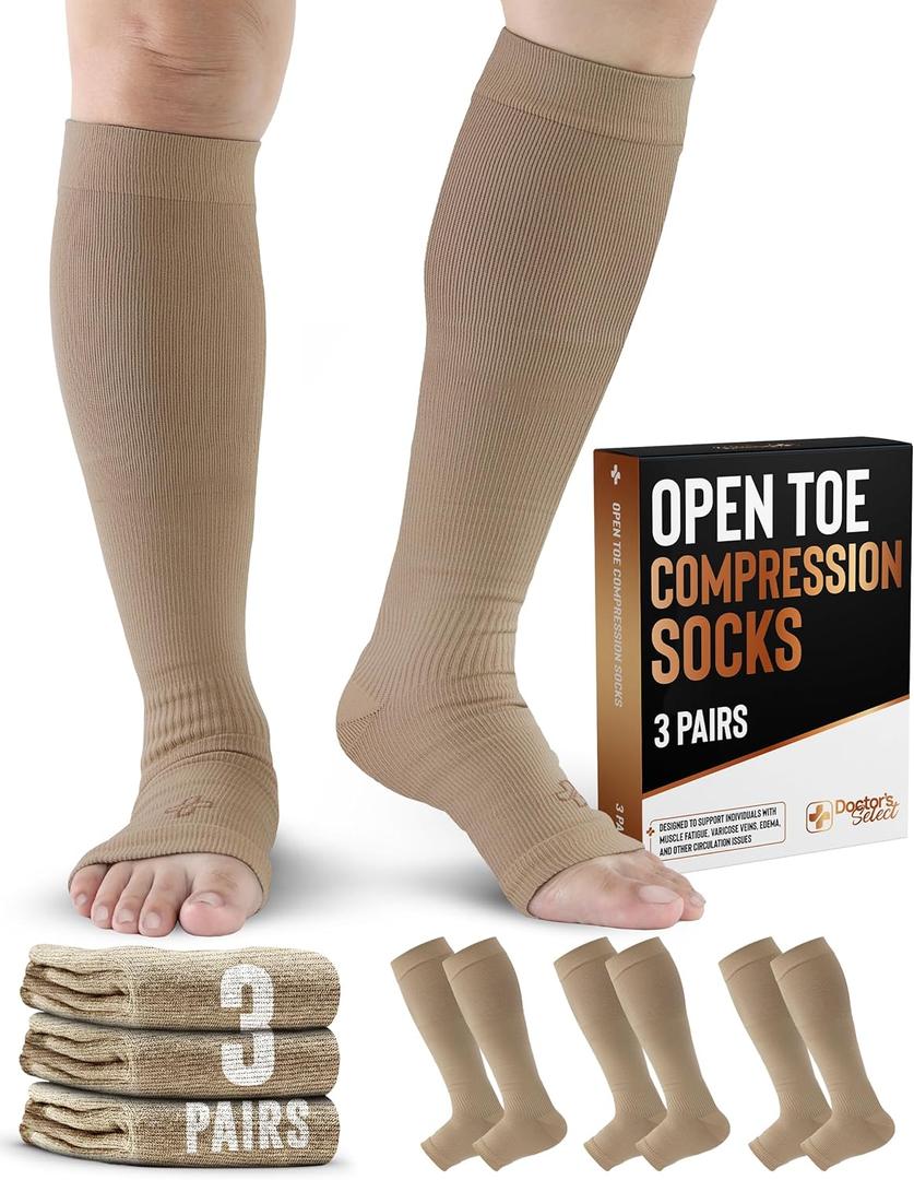 Doctor's Select 3 Pairs Copper Toeless Compression Socks Women & Men - 20-30 mmHg Open Toe, Knee High, Nude Compression Socks, Compression Sock for Women Nude, Tan (Large-X-Large)