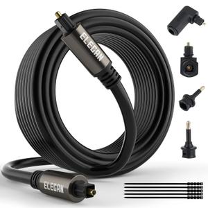 Elecan Optical Audio Cable 20 Ft Digital Audio Toslink Cable Cord-Fiber Optic-Gold Plated-Flexiable&Durable-for Home Theater,Sound Bar,PS4&Xbox-with 4 Right Angled and Mini Toslink Adapters+Ties