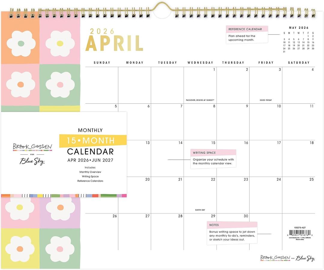 Blue Sky Brook Gossen 2026-2027 15 Month Monthly Academic Year Wall Calendar, April 2026 - June 2027, 15" x 12", Durable Twin Wire Binding, Colorful Interior, Perfect For Home, Office And Classroom, Daisy Checkers