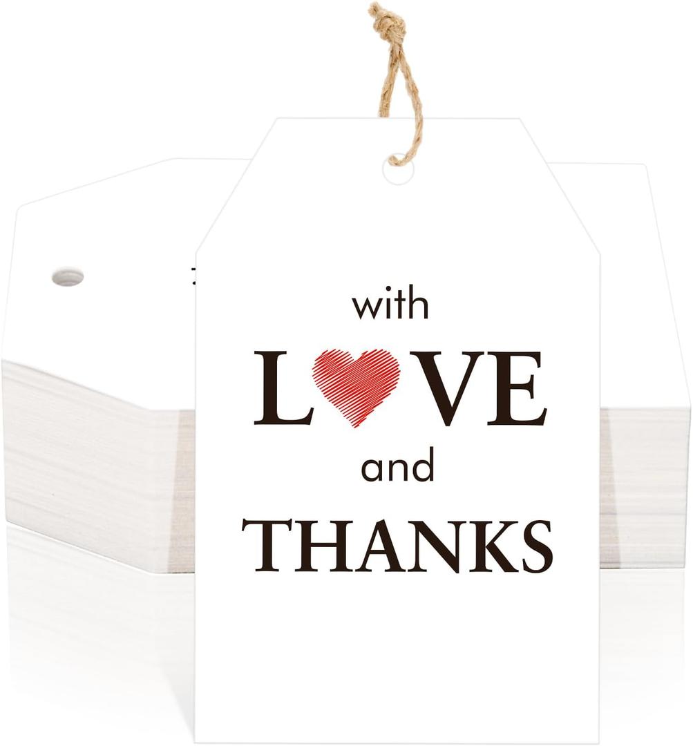 jijAcraft Love and Thanks Tags with String - 50Pcs Wedding Thank You Gift Tags with Red Heart, 3.3x2.1 Inch Paper Party Favors Tag for Bridal Shower, Baby Shower, Commemoration