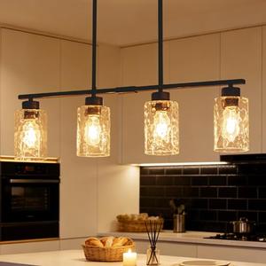 Hammered Glass Dining Room Light Fixture Chandelier Over Table, 4-Light Island Lights for Kitchen, 30" Black Pendant Lights Kitchen Island Lighting, Linear Modern Farmhouse Chandeliers for Dining Room