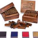 Letter Stamps, 56pcs Alphabet Stamps with Weeks and Weather, Number Stamps with Wooden Case, Vintage Symbol Wood Stamps with Ink Pads Rubber Stamps for Crafting, Card Making, Scrapbooking