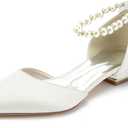 Women's Pointed Toe Pumps Pearl Satin Wedding Shoes for Bride Flats Ankle Strap Bridal Shoes Formal Prom Party Dress Pumps Sandals (8.5, Ivory)