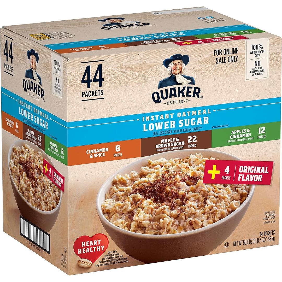 Quaker Instant Oatmeal Lower Sugar, 4 Flavor Variety Pack 44 Count (Pack of 1) (EXP 06/18/27)
