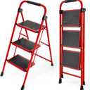 KINGRACK Step Ladder, Folding Ladder with Non-Slip and Wide Pedal, Small Ladder with Handle, Heavy Duty Steel Stool, Lightweight Step Ladder (Red, 3 Step Stool)