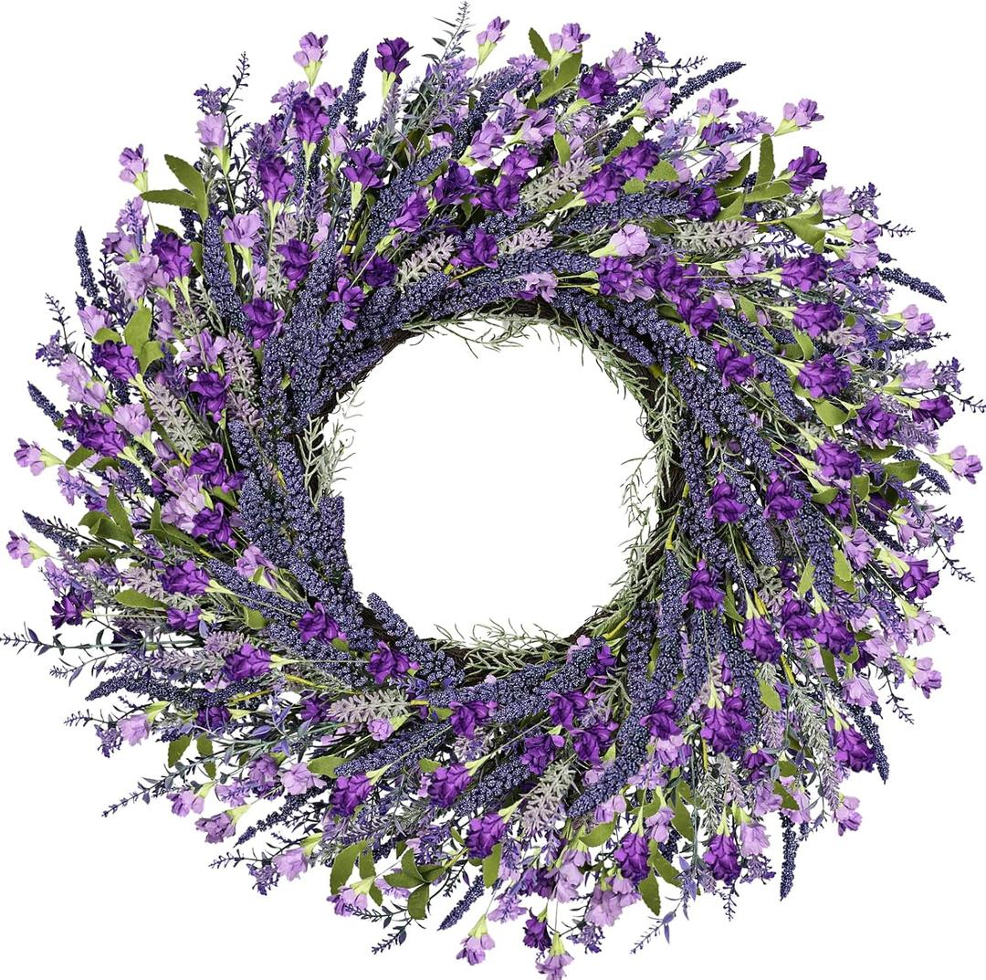 LZNPA 26 Inch Large Lavender Wreath for Front Door Greenery Summer Spring Wreaths for Front Door Wreaths for Front Door All Seasons for Wedding Farmhouse Wall Porch Window Decor(Purple Lavender)