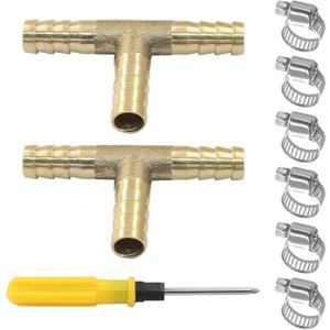 2 Pcs 5/16" Brass Tee Barb Fittings with 6 pcs Stainless Steel Pipe Clamps, 3 Way T Shape Union Intersection Hose Barb Splicer for Water/Fuel/Air
