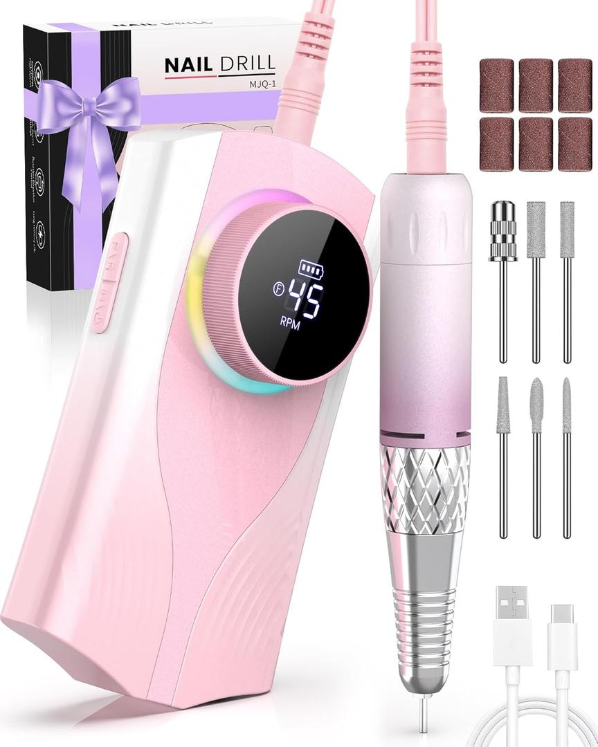 Nail Filer Electric Nail Drill Professional, Kisufu 45000 RPM Rechargeable Efile Nail Drill Kit with Smart Led, 1800mAh, Portable Nail Grinder for Salon Home Use, Women's Day Gifts (Pink).