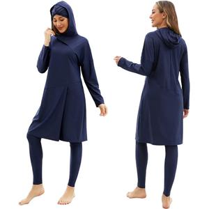 Women Muslim Swimwear Islamic Modest Swimsuit 3 Pieces Full Cover Hijab Long Sleeve Burkini Top Dress + Pants (Large, Dark Blue)
