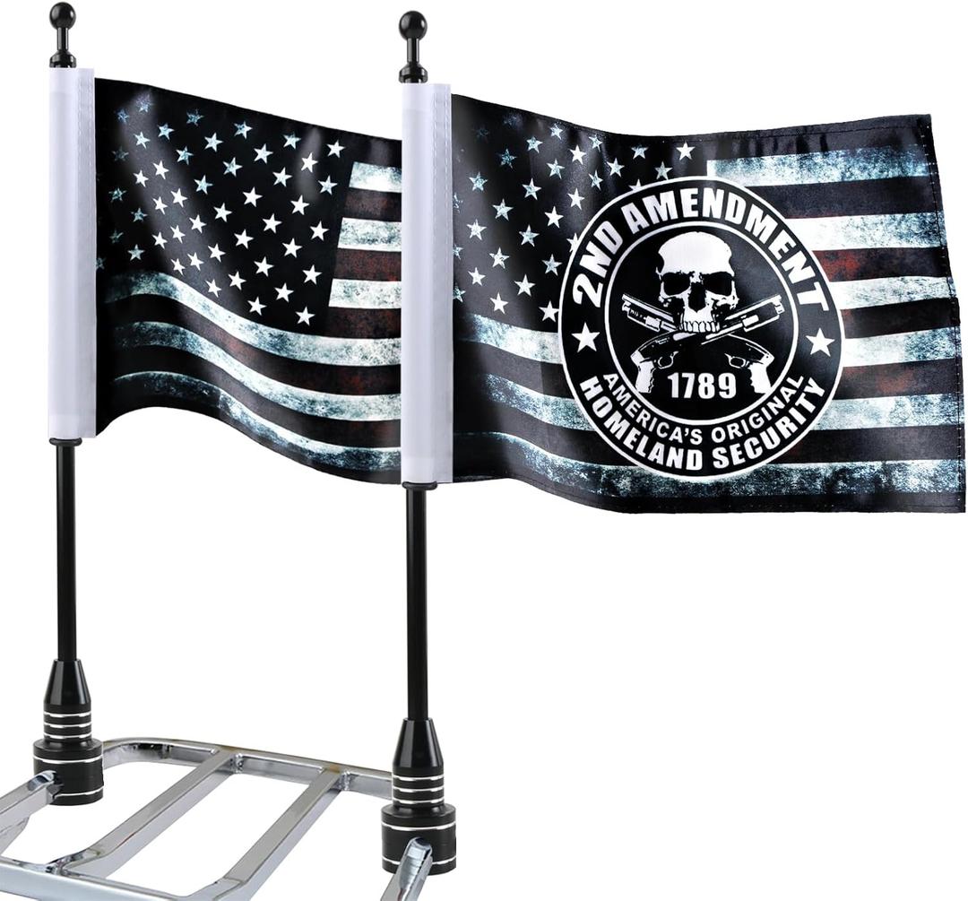 Motorcycle Flags 6" x 9" Antique US Flag 2ND Amendment Flag with Black Flagpole Mounts for 1/2" Motorcycle Luggage Rack for Harley Davidson Honda Suzuki Kawasaki Goldwing CB VTX CBR Yamaha(1 Pair)