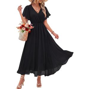 Bebonnie Womens Summer Wrap V Neck Short Sleeve Flowy Layers Chiffon Wedding Guest Maxi Dresses (XXL)