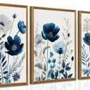DUWQU 3 Pcs Blue Floral Canvas Wall Art, Wood Framed Navy Blue Wildflower Lily Daisy Wall Decor, Watercolor Botanical Flower Home Poster Art Prints for Living Room Bedroom Bathroom 16 x 24 Inches