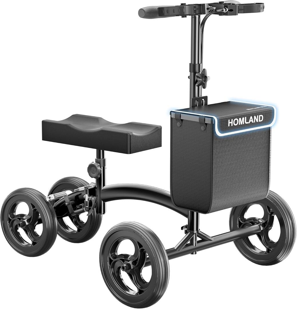 HOMLAND Knee Scooter for Foot Injuries Ankle Surgery, Foldable Steerable Knee Walker with Dual Brakes System, Height Adjustable Handle & Seat, Removable Storage Bag, 300 lbs Capacity (Black)