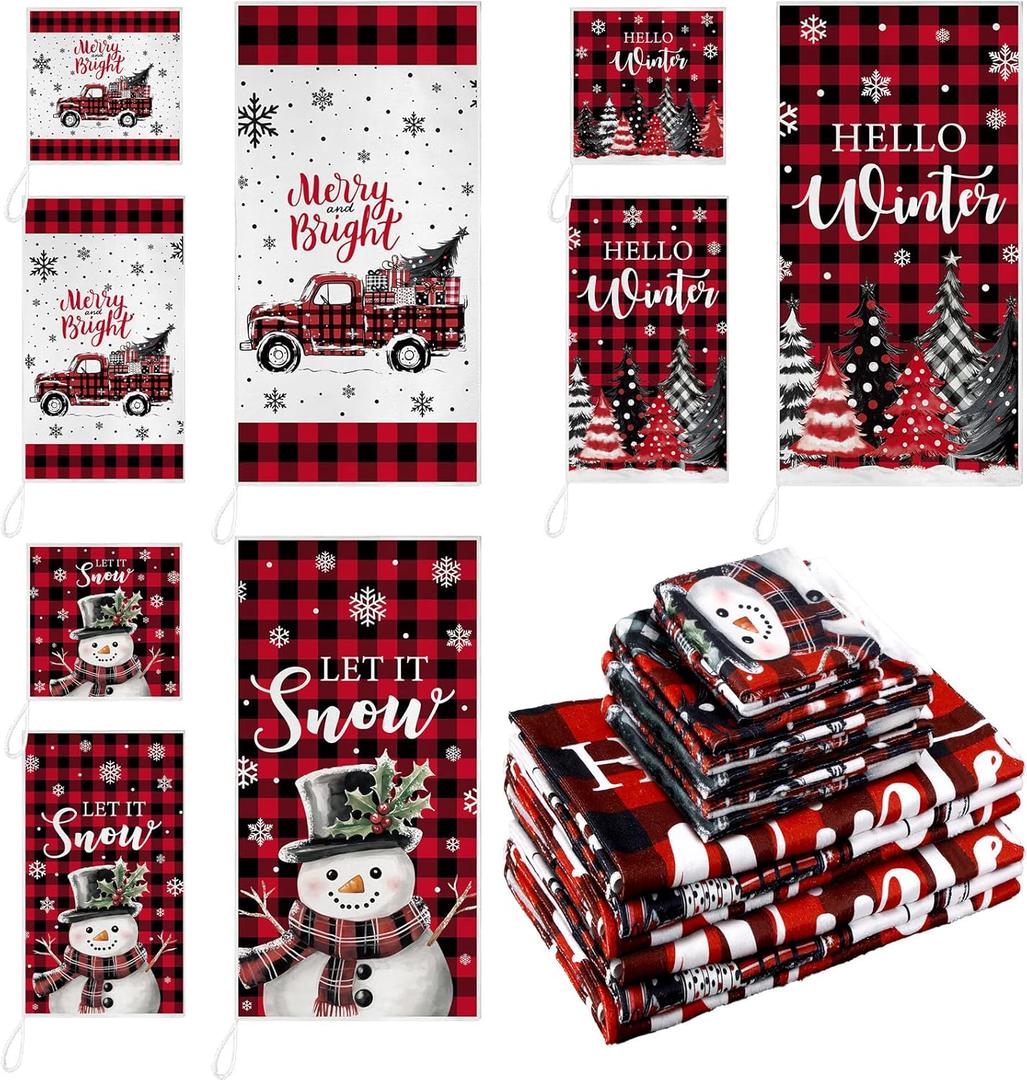Bencailor Red,Black 9 Pcs Christmas Bathroom Towels Set Red and Black Buffalo Check Towel Snowman Truck Christmas Tree Decoration for Bathroom Xmas Parties Restaurant Winter Housewarming Gifts