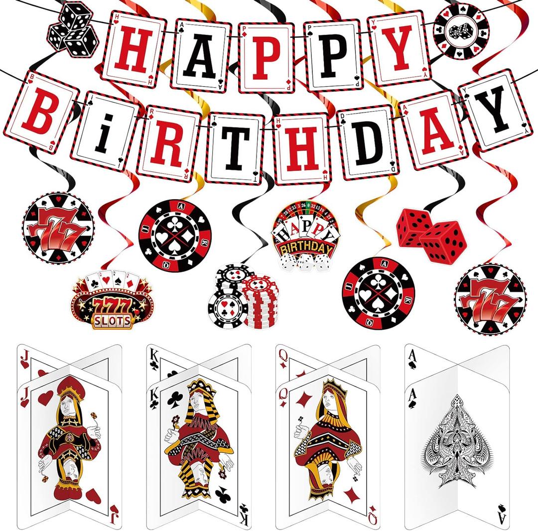 Outus 17 Pieces Casino Poker Theme Party Decorations Casino Birthday Banner Hanging Swirl 3D Table Toppers Decorations for Poker Party Supplies
