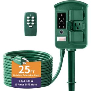 Outdoor Power Stake Timer for Christmas Light Decorations Waterproof, Dusk to Dawn, Outdoor Power Strip with 6 Outlets, 1875W/15A, 100FT Wireless Remote Control, 25FT Extension Cord, Heavy Duty