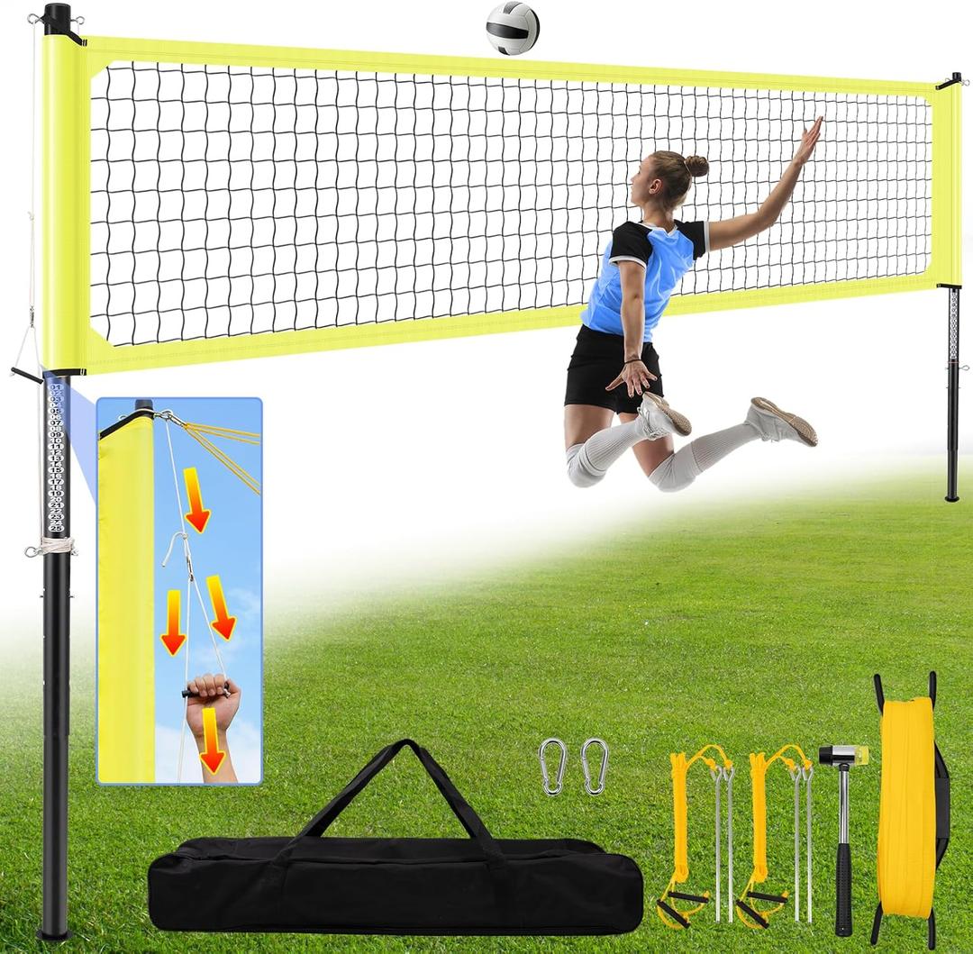 Aluminum Volleyball Net for Backyard, Portable Volleyball Net with Anti-Sag Design, Outdoor Volleyball Net Set with Lengthened Stakes and Boundary Line for Beach and Grass (yellow)