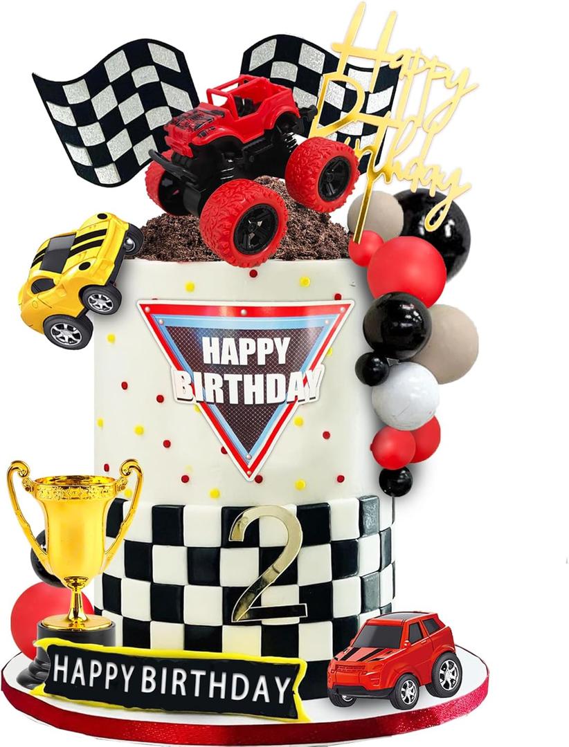 20 PCS Truck Cake Toppers Truck Cake Decorations Hot Red Ball Race Car Flame Blaze Wheel Cake Toppers for Truck Themed Birthday (Truck 1)