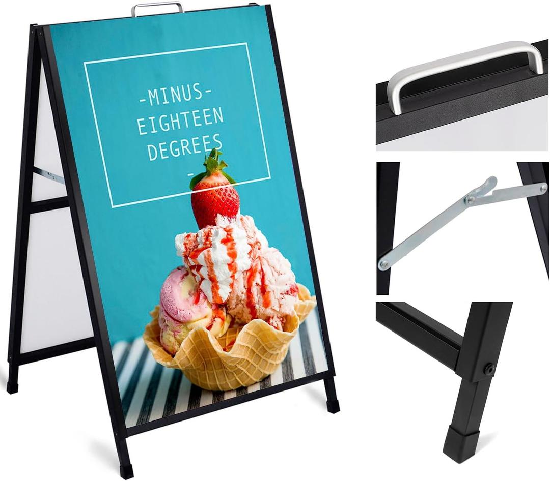 AKTOP Heavy Duty A-Frame Sidewalks Signs 24 x 36 Inch, Portable Double-Sided Metal Sandwich Board Slide-in Folding Outdoor Signboard with Handle for Businesses Advertising Poster
