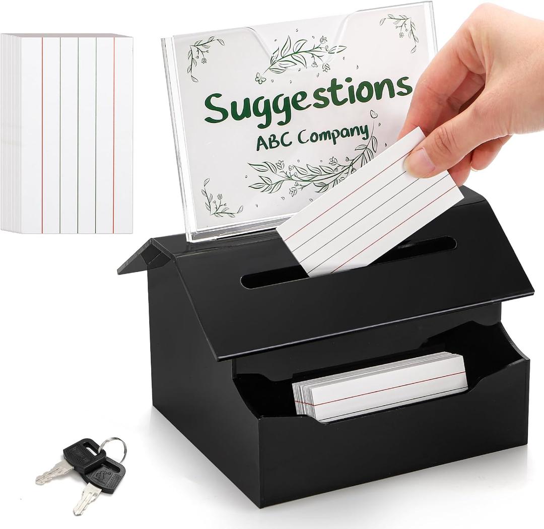 Kingrol Lockable Donation Box with Sign Holder and 100 Free Cards, Black Acrylic Suggestion Box for Fundraising, Voting, Office, Schools and Businesses