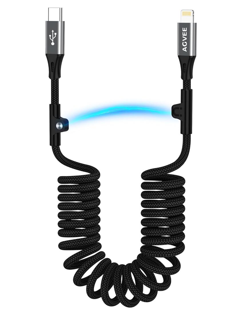 AGVEE 3ft Coiled Short USB-C to Lightning Charging Cable [MFI Certified] 30W PD Fast Charger Cord in Car for iPhone 14/13/12/11/XS/8/7/6/5 CarPlay, iPad, iPod, Dark Gray