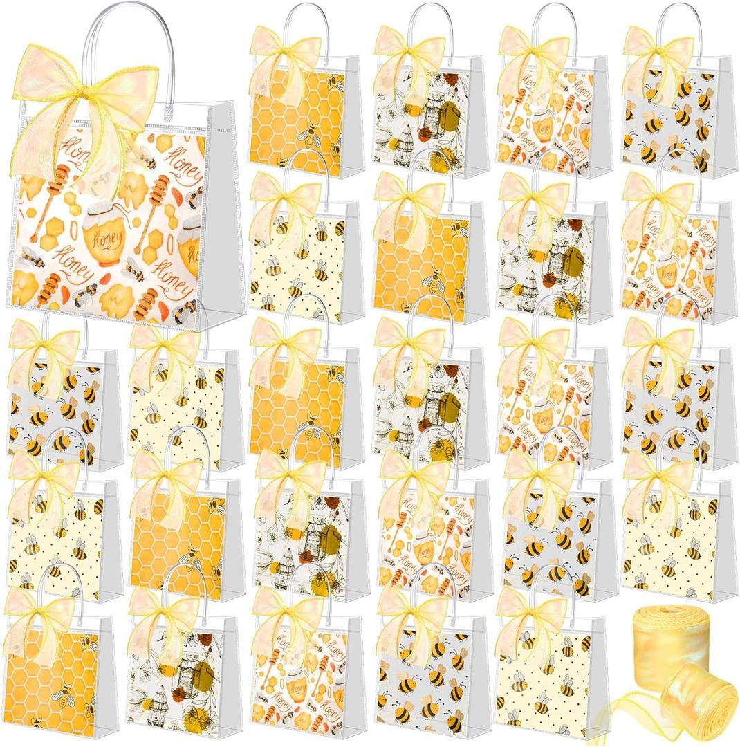 Hosuly 50 Pcs Bee Clear Plastic Gift Bags with Handles Honey Bee Goodie Treat Bags for Birthday Party Favors Candy Snack Baby Shower Gender Reveal Decoration, 7.87 X 7.87 x 3.15 inches