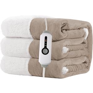 Electric Heated Blanket 72"x84" Full Size for Safe All Night Rest, Dual-Sided Microplush Sherpa for Bedroom Couch Use, 4 Heat Settings & 10 Hours Auto Off Energy Saving, Machine Washable-Light Brown