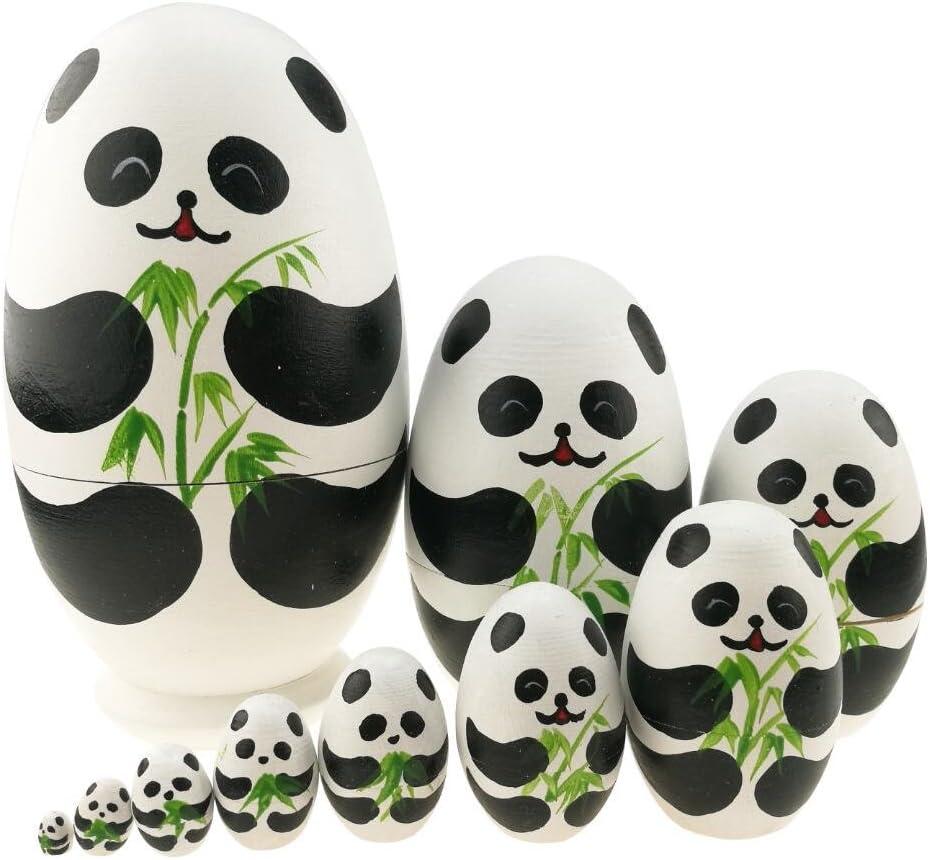 Winterworm Cute Animal Theme Black and White Panda Egg Shape Wooden Handmade Nesting Dolls Matryoshka Dolls Set 10 Pieces for Kids Toy Birthday Home Kids Room Decoration