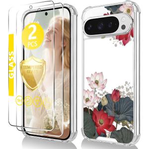 for Google Pixel 9 Pro XL Case+Tempered Glass Screen Protector, Slim Soft TPU & Hard PC,Girls Women Crystal Clear Cute Floral Pattern Shock Absorption Case Cover for Pixel 9 Pro XL (silver Shield Flower Series-Lotus)