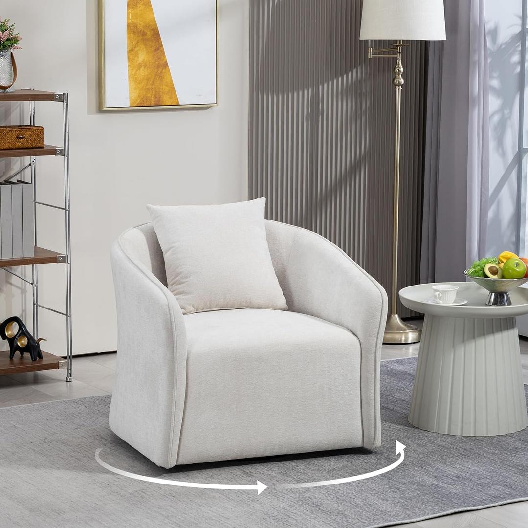 Modern Round Swivel Accent Chairs - Upholstered Armchair with Curved Back, Club Chairs with Waist Cushion, Barrel Chairs Swivel with Rotation Design, Cozy Reading Chair for Bedroom, Office (White)
