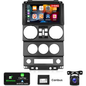[2G+64G] Car Radio for Jeep Wrangler 2007 2008 2009 2010 (4 Door), 9 inches Android 13 Touch Screen Stereo, Carplay/Android Auto/Hi-Fi/1080P/Bluetooth/SWC + AHD Backup Camera