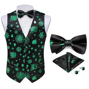 DiBanGu Mens Christmas Black and Green Vest and Bow Tie Sets for Men Snowflake Suit Vest and Bow Tie Pocket Square Fun Festival Xmas Tree Waistcoat for Gifts Party, M