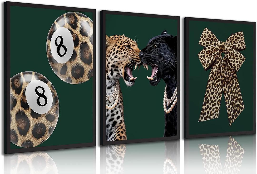 3pcs Trendy Leopard Canvas Wall Art Funky Lucky 8 Ball Posters Prints Paintings Cheetah Bows Preppy Aesthetic Pictures Wall Decor for Bedroom Dorm Living Bathroom Decoration Unframed