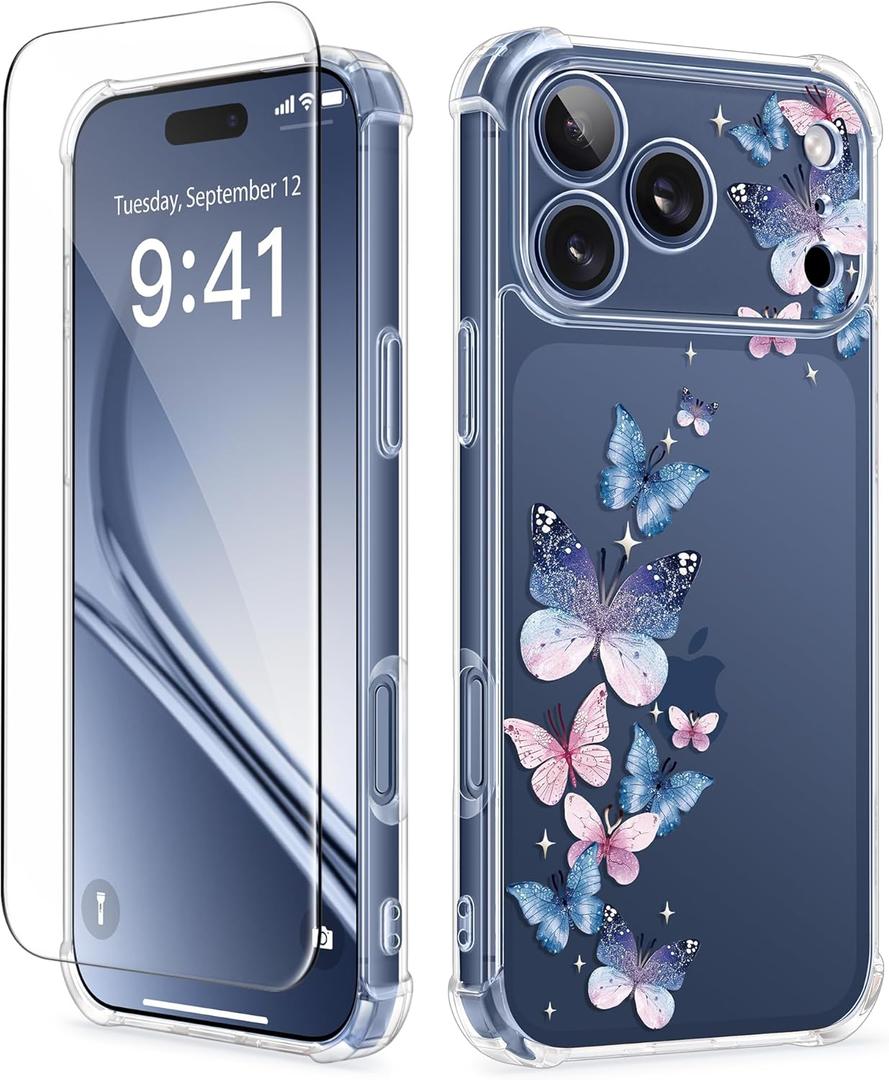 GVIEWIN for iPhone 17 Pro Case, with Screen Protector+Full Camera Protection, [NonYellowing] Clear Floral Slim Shockproof Protective Women Phone Case for iPhone 17 Pro 6.3", Colorful Butterfly