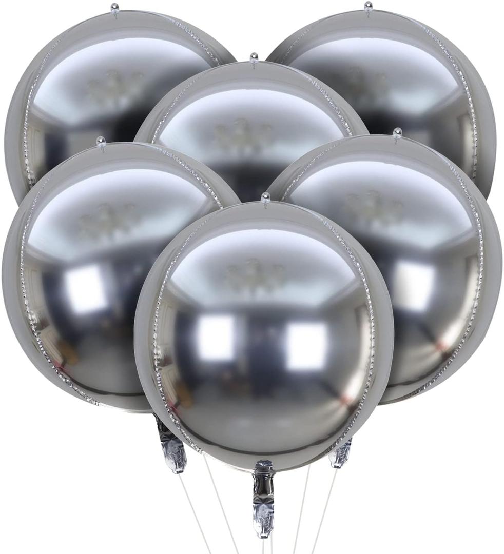 House of Party 4D Sphere Balloons Pack of 6 - Silver Foil Balloons 22 Inches Mirror Finish Mylar Balloons for Party Decorations