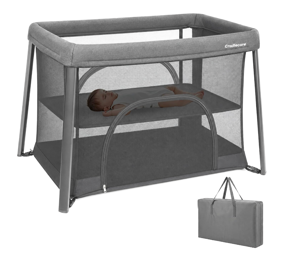 Travel Pack and Play with Bassinet, Portable Playpen for Baby | Foldable Baby Playard, Lightweight Compact Baby Bedside with Storage Bag, Double Zipper Door, Easy Setup, Grey