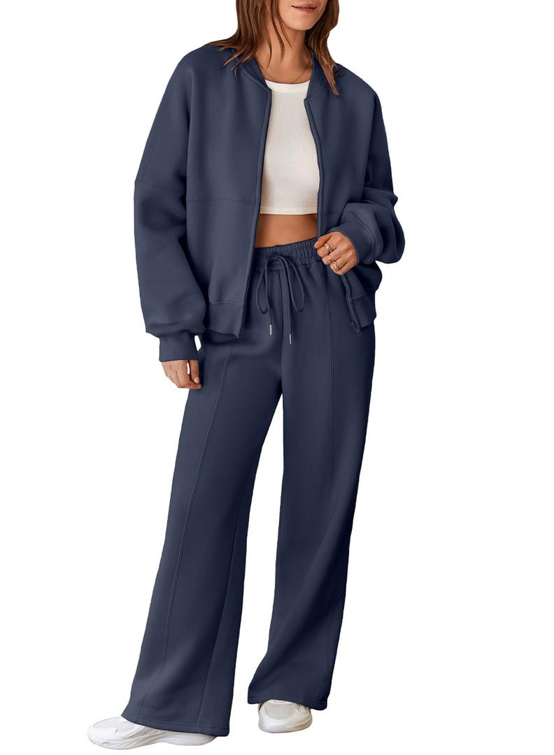 Aleumdr Women's 2 Piece Outfits Sweatsuit Fleece Zip Up Long Sleeve Sweatshirt with Wide Leg Sweatpants Lounge Set, Black, Large