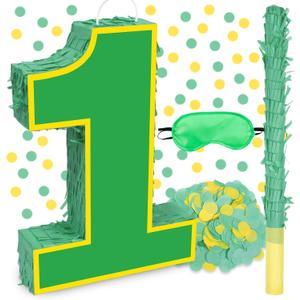 15.7" Yellow Green Number 1 Pinata, 1st Birthday Party Decorations with Stick Blindfold Confetti for Boys Girls Yellow Green Theme Birthday Baby Shower