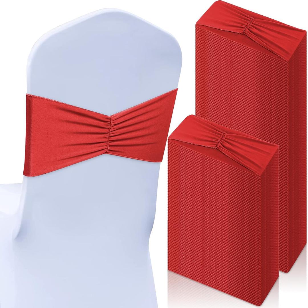 Moukeren 100 Pcs Spandex Chair Sashes Bows Bands Slider Sashes for Chair Covers Elastic Bands Ties Ribbon Decorations for Wedding Party Events Ceremony Birthday Banquet, Red