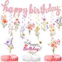 22 Pcs Flower Birthday Decorations 1 Wildflower Happy Birthday Banner 18 Wildflower Hanging Swirls 3 Honeycomb Centerpiece for Party Decorations Girls Women (Pink)
