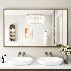 Bathroom Mirror, 55x30 Inch Framed Mirror, Rectangular Wall Mirror, Vanity Mirror Wall Mounted, Anti-Rust, Tempered Glass, Hangs Horizontally or Vertically - Walnut